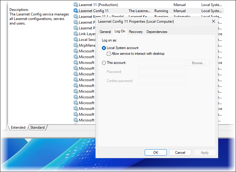 The Log On tab of the Properties window for the Lasernet Config 11 service.